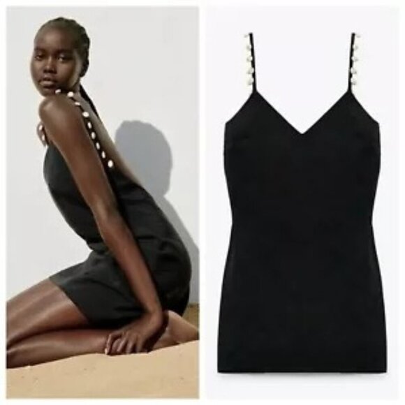 Zara Blogger Black Cowrie Shell Spaghetti Strap Low Back Mini Dress Size L - Picture 1 of 11